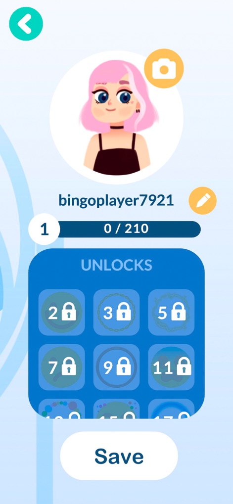 Bingo - Family games - Questa sezione consente agli utenti di personalizzare il proprio profilo con un avatar e monitorare i progressi, scoprendo contenuti aggiuntivi e sblocchi (le icone lucchetto sotto 'UNLOCKS') che arricchiscono l'esperienza di gioco a lungo termine.