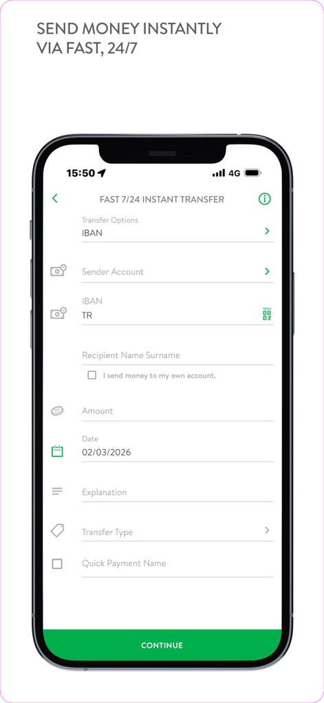 CEPTETEB - The app simplifies money transfers through its 'FAST 7/24 Instant Transfer' interface, allowing users to quickly input recipient details and transfer amounts.