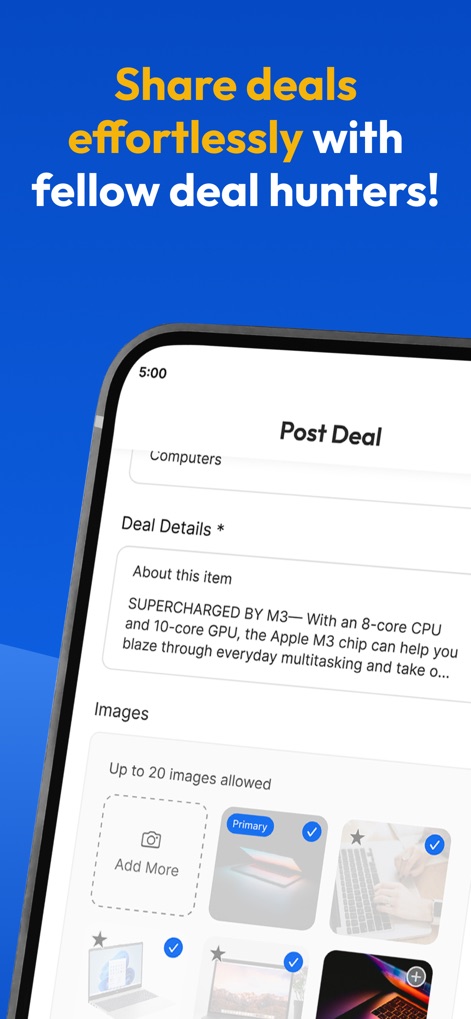 Slickdeals: Deals & Discounts - Cet outil simplifie la publication de nouvelles offres grâce à un formulaire de soumission intuitif et la possibilité d'ajouter plusieurs images pour illustrer le deal.