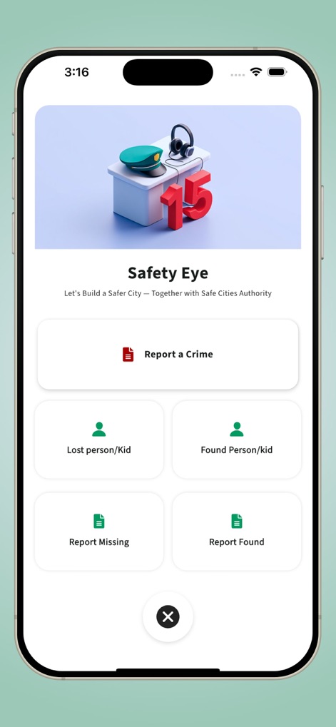 PSCA - Public Safety - View the 'Report a Crime' functionality and options for reporting 'Lost person/Kid' or 'Found Person/Kid', emphasizing community involvement.