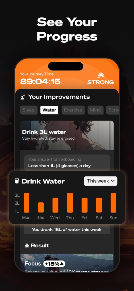 Life Reset: 66 Day Habit - Delve into personalized "Your Improvements" analytics, offering a clear "Drink Water" bar chart and tailored "Result" insights into habit progress.