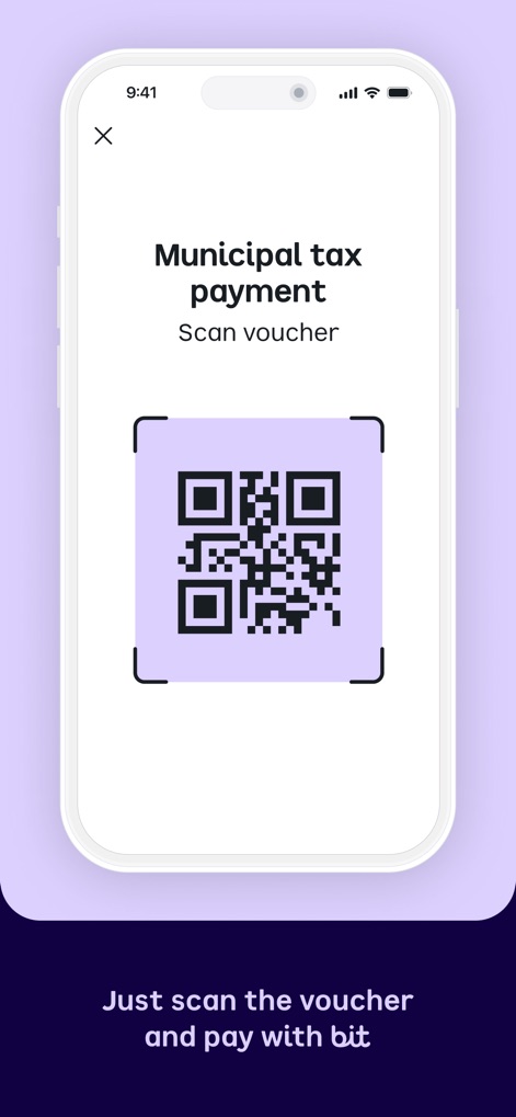 bit ביט - 이 화면은 QR 코드를 스캔하여 지방세를 쉽게 납부할 수 있는 기능을 보여주며, '바우처 스캔' 안내를 포함합니다.