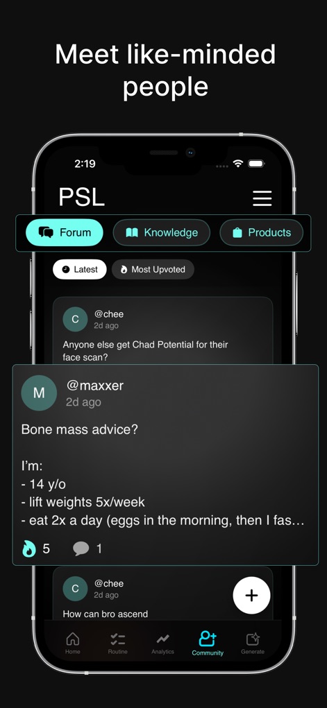 PSL - Looksmax & Ascend - Users can engage with a vibrant 'Community' forum, sharing tips and progress, and access curated 'Knowledge' resources for further improvement.