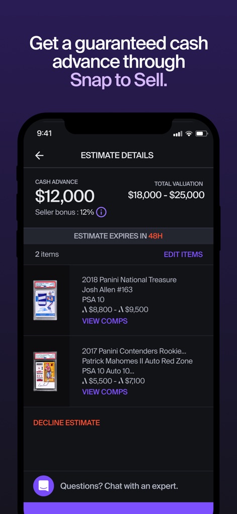 Alt: Buy & Sell Cards - Questo strumento mostra i dettagli di un anticipo di cassa, evidenziando il valore dell'anticipo ($12,000) e la valutazione totale stimata per gli oggetti elencati.