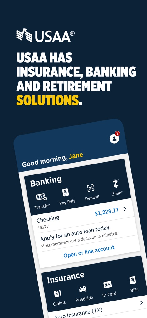 USAA Mobile - The app presents a personalized greeting alongside a clear overview of integrated banking and insurance services.