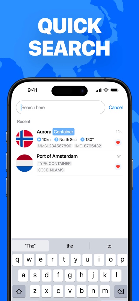 Marine Traffic & Ship Tracker - Utilize the intuitive search bar to quickly find vessels or ports, with recent search history displaying critical data like ship types and unique identification numbers.