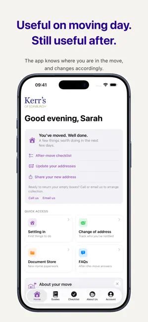 Kerr's Moving Companion app post-move home screen showing settling-in tasks