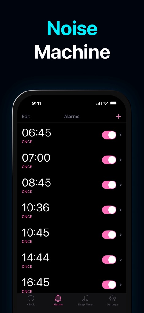 Alarm Clock HD - Esta vista presenta una lista organizada de alarmas configuradas, cada una acompañada de un interruptor de palanca para activarlas o desactivarlas fácilmente.