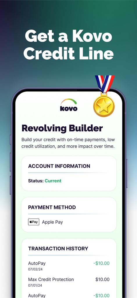 Kovo - Fast Credit Builder - Cette capture met en lumière le "Revolving Builder" de Kovo, offrant une ligne de crédit dont l'activité est traçable via un "historique des transactions" incluant la "Max Credit Protection".