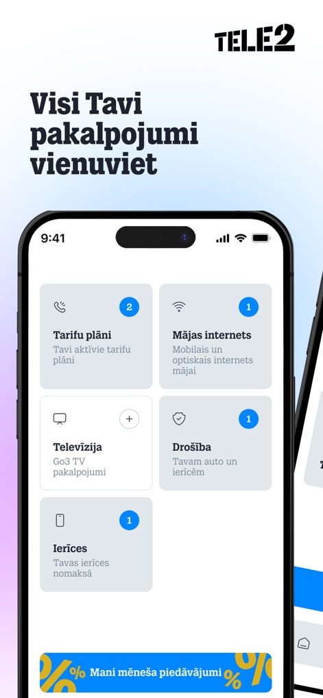 Mans Tele2 - Esta tela centraliza todos os serviços do cliente, mostrando os cartões de serviço como 'Tarifu plāni' e 'Mājas internets' para acesso rápido.