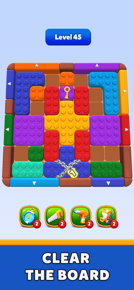 Color Block Run - Puzzle Game - La aplicación presenta un tablero intrincado con bloques coloridos, incluyendo elementos con cadenas y una llave dorada, que requieren una estrategia espacial para despejar el tablero.