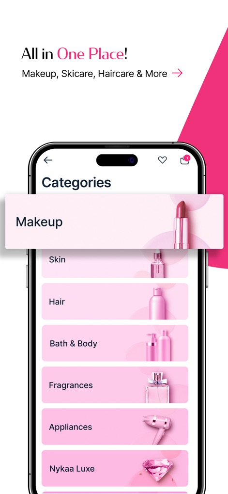 Nykaa – Makeup/Beauty Shopping - L'interfaccia "Categories" dimostra che l'app è una destinazione unica per la bellezza, organizzando i prodotti in sezioni chiare come "Makeup" e "Hair", per una navigazione intuitiva.