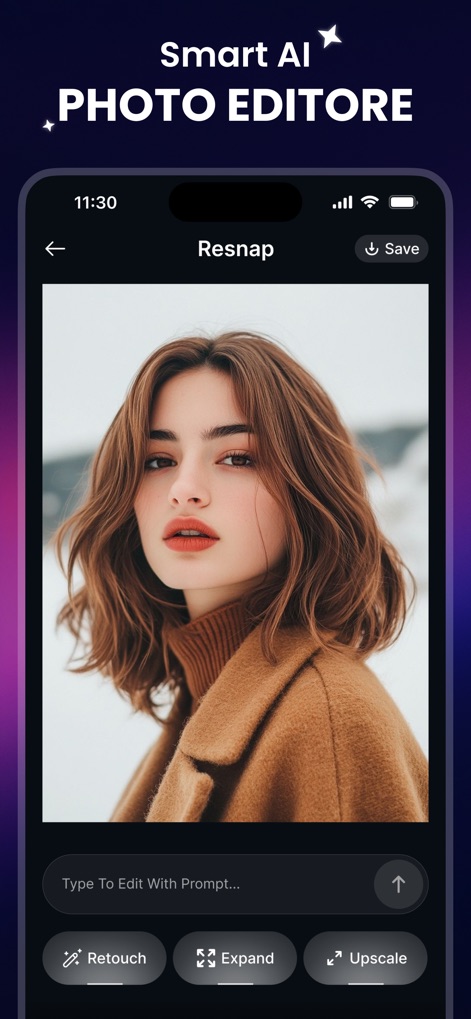 ReSnap: AI Photos & Edits - L'application propose des outils avancés comme 'Retouch' et 'Upscale' pour affiner les images, complétés par une 'saisie de texte pour édition par prompt' pour une personnalisation précise.