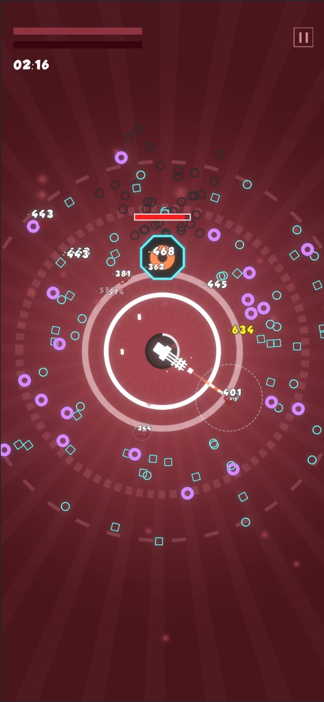 Geometry Tower: Idle Defense - This view showcases the tower's enhanced projectile patterns effectively managing concentrated enemy assaults, while persistent on-screen damage indicators detail the ongoing conflict.