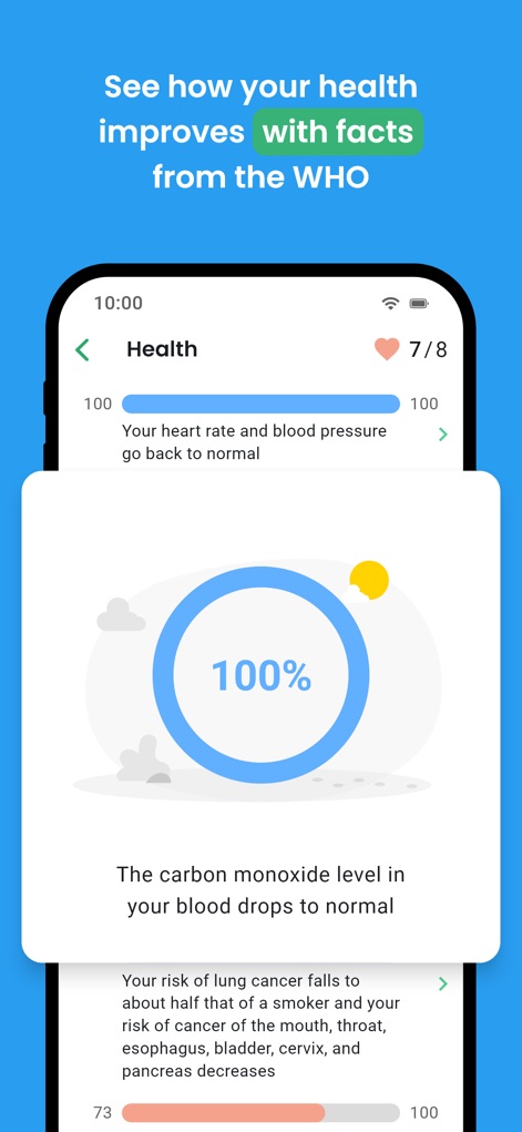 QuitNow! - A seção de saúde ilustra a recuperação do corpo, com barras de progresso que indicam a normalização da frequência cardíaca e a redução do nível de monóxido de carbono no sangue.