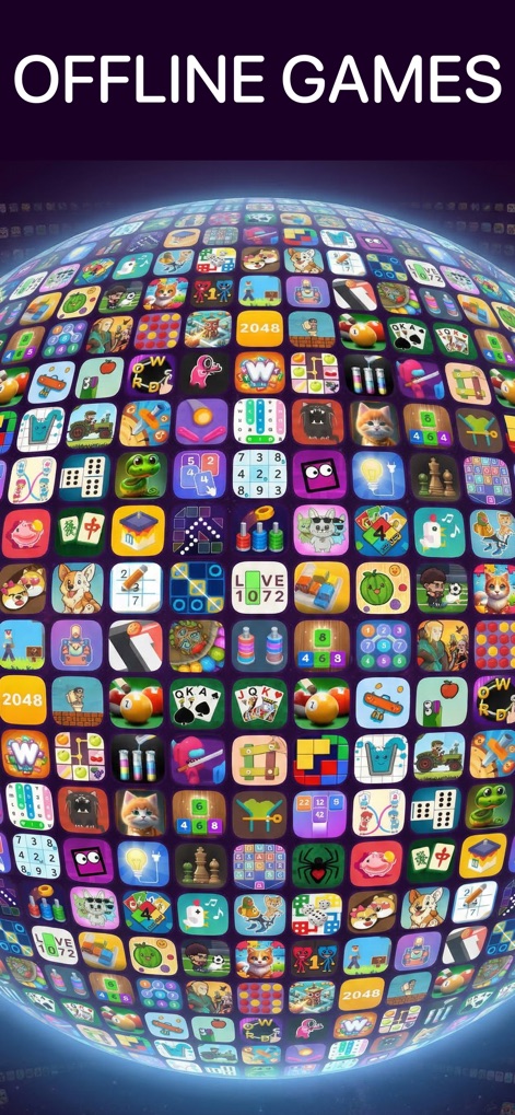 Offline Games no wifi internet - A imagem revela uma esfera composta por uma vasta coleção de ícones de jogos variados, e o título principal "OFFLINE GAMES" que enfatiza a natureza do aplicativo.