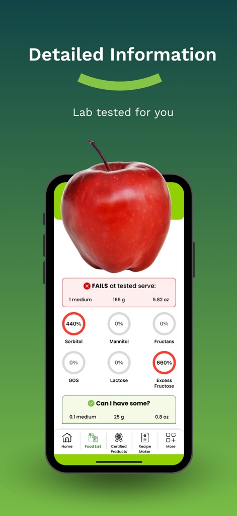 FODMAP Friendly - 이 도구는 '사과'와 같이 특정 섭취량에서 실패하는 식품에 대해 '프룩탄(660%)'과 같은 개별 FODMAP 성분 비율을 시각적으로 명확하게 제시하여 사용자의 이해를 돕습니다.