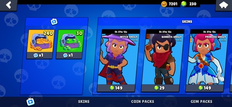 Box Simulator Brawl Stars - Explore the wide array of character customizations, showcasing unique options like 'Witch Shelly' and 'Bandita Shelly' outfits.