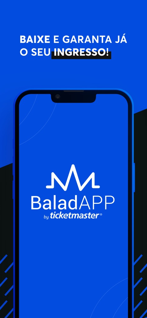 BaladAPP - A tela de carregamento apresenta o **logotipo do BaladAPP**, distintamente acompanhado pelo selo **"by Ticketmaster"**, estabelecendo a marca e a parceria de confiança desde o primeiro contato.