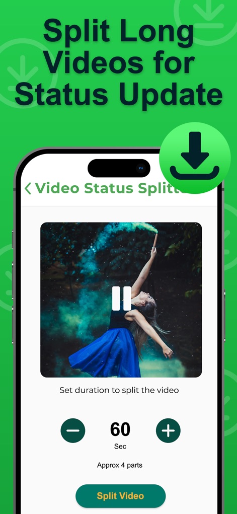 Status Saver: Download Status - Uncover the innovative 'Video Status Splitter' feature, which allows precise duration adjustments for clips and a dedicated 'Split Video' button, simplifying long video sharing.