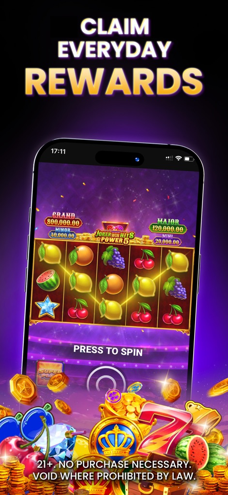 MegaBonanza - Social Casino - The app allows users to claim everyday rewards, visualized alongside classic fruit slot reels and prominent 'GRAND' and 'MAJOR' jackpot indicators.