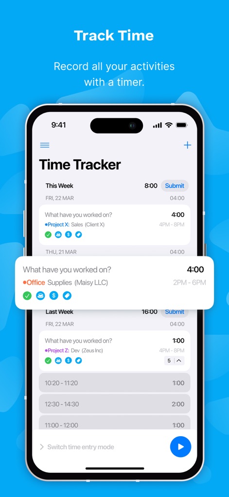 Clockify Time Tracker - La aplicación permite un seguimiento diario de las actividades con la entrada "What have you worked on?" y muestra el tiempo dedicado a proyectos específicos como "Project X".