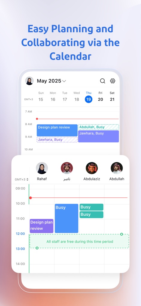 Beem: One Platform for Work - The calendar interface provides easy planning, showcasing a detailed month view for May 2025 and color-coded availability blocks for team members like Rahaf and Abdulaziz.