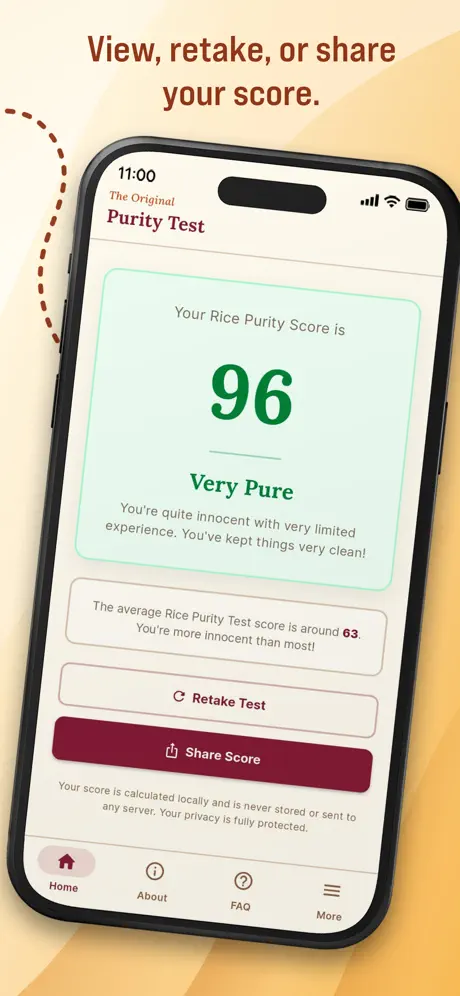 Rice Purity Test score result screen with share and retake