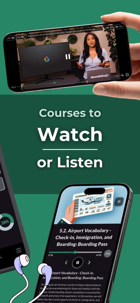 Cursa - Learn anything - A versatilidade do Cursa é evidenciada pela capacidade de assistir a cursos em vídeo ou ouvir conteúdos em áudio, com a representação de fones de ouvido.