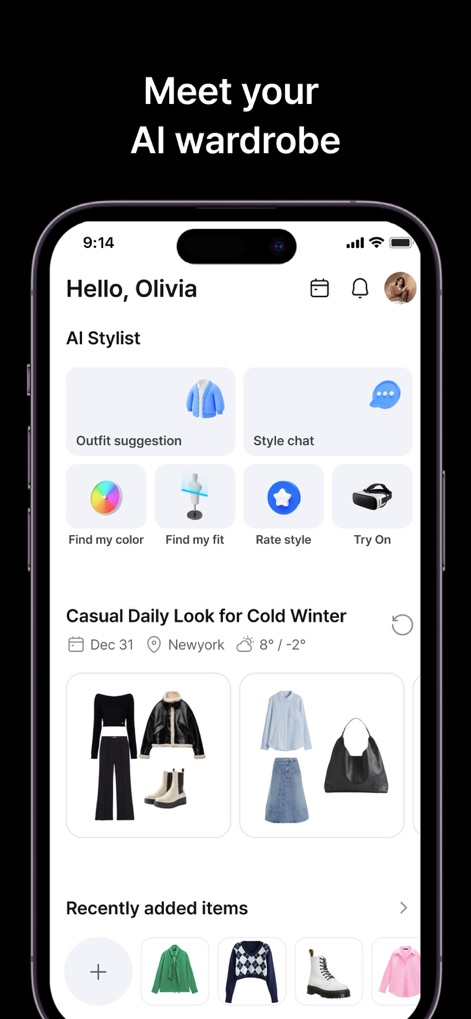 Acloset - AI Fashion Assistant - Explore how the app's AI Stylist dashboard offers personalized features like "Outfit suggestion" and "Find my fit" for instant style guidance.