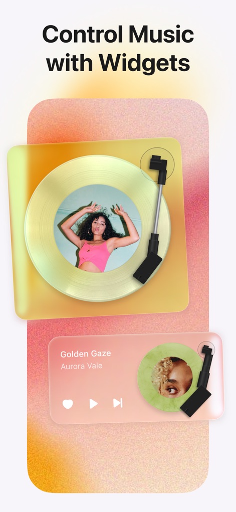 MD Vinyl for Music App - La aplicación ofrece widgets personalizables para el control de la música, presentando un gran widget con un tocadiscos dorado girando y otro widget más pequeño con controles de reproducción.