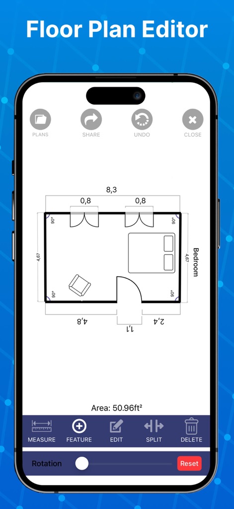 Tape Measure® - The app provides a robust floor plan editor, allowing users to modify designs with tools like 'Edit' and 'Split', and manage their creations with 'Plans' and 'Share' options.