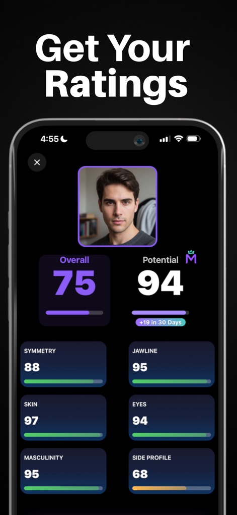 Mogged: Glow Up for Men - Users can receive an 'Overall' rating and a 'Potential' score, alongside specific metric breakdowns for areas like 'Symmetry' and 'Skin' quality.