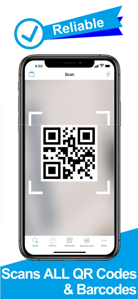 QR Code Reader/QR Scanner App - Esta captura resalta la fiabilidad de la aplicación con un distintivo de 'Reliable' y muestra su versatilidad al escanear 'ALL QR Codes & Barcodes' con una clara navegación inferior.