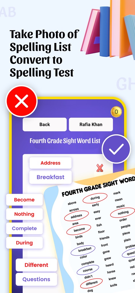 Spelling Bee & Homework Tests - Questa funzionalità innovativa consente di scattare una foto di una lista di parole (X) e convertirla automaticamente in un test di ortografia (Y) in pochi secondi.