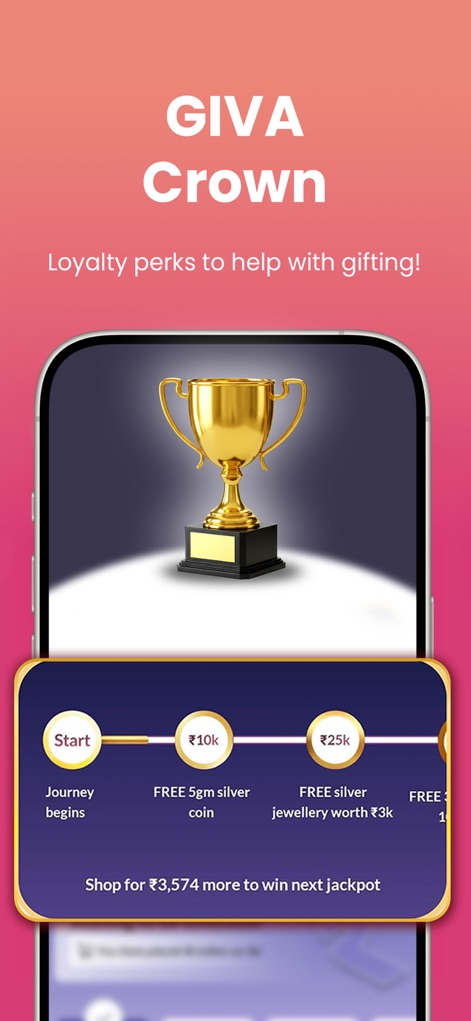 GIVA: Silver & Gold Jewellery - The app presents its 'GIVA Crown' loyalty program, where users can track progress through spending milestones and earn free silver coins or jewellery.