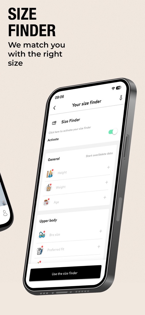 ABOUT YOU Online Fashion Shop - Dieses Tool bietet einen praktischen Größenfinder, bei dem Nutzer detaillierte Angaben wie Körpergröße und Gewicht eingeben können, um die perfekte Passform zu ermitteln.