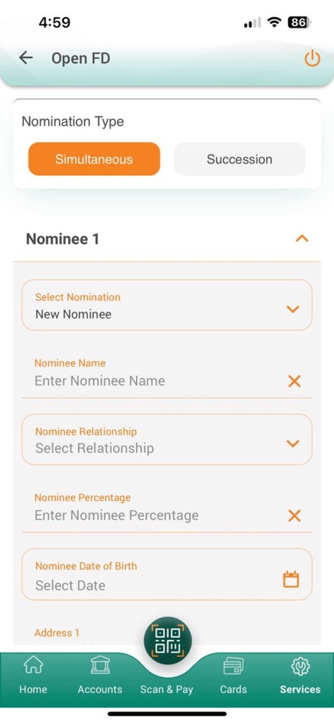 IDBI Bank GO Mobile+ - This interface guides users through opening a Fixed Deposit, with options for "Nomination Type" and comprehensive fields for "Nominee 1" details.