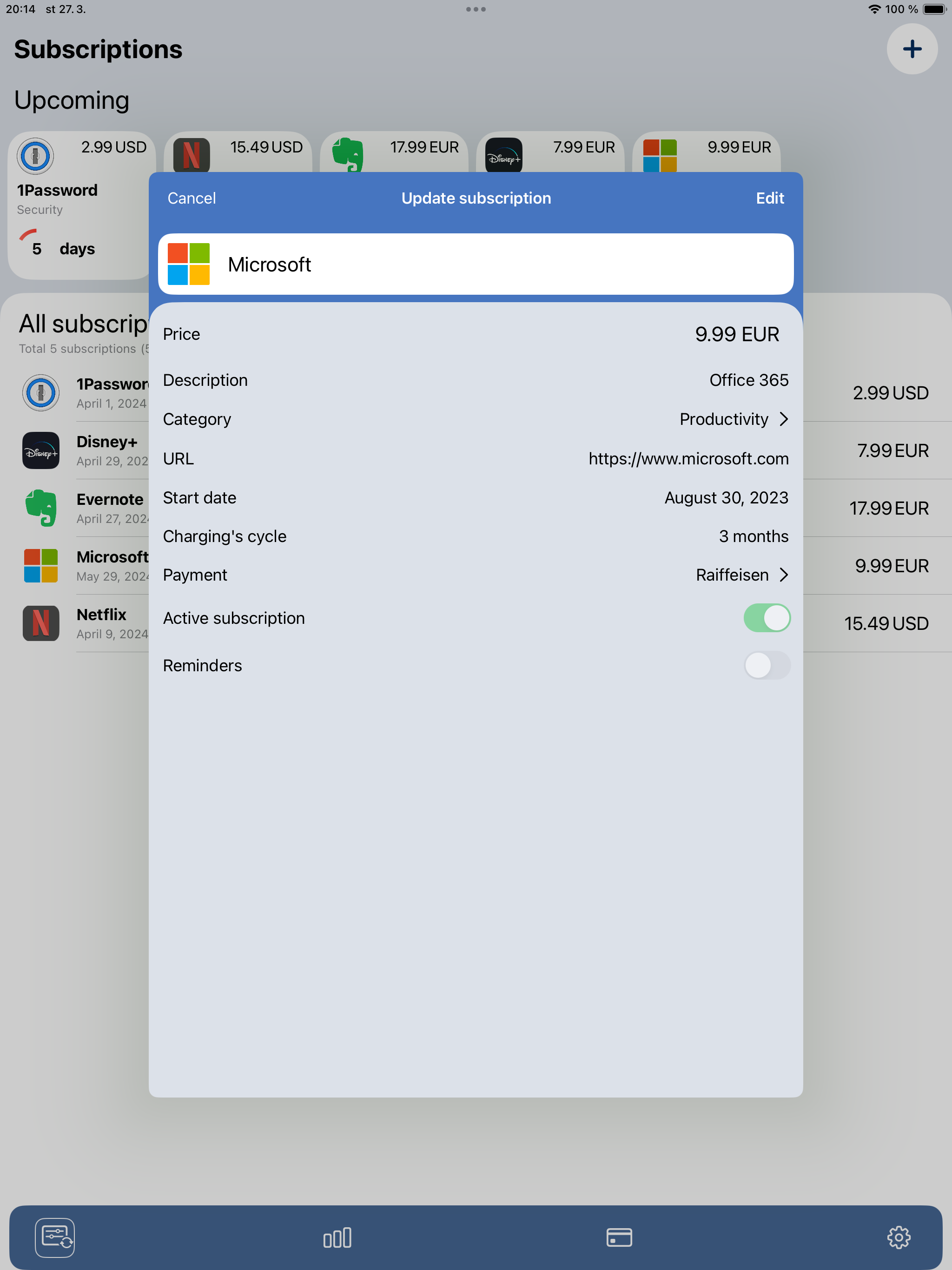 Subscriptions tracking