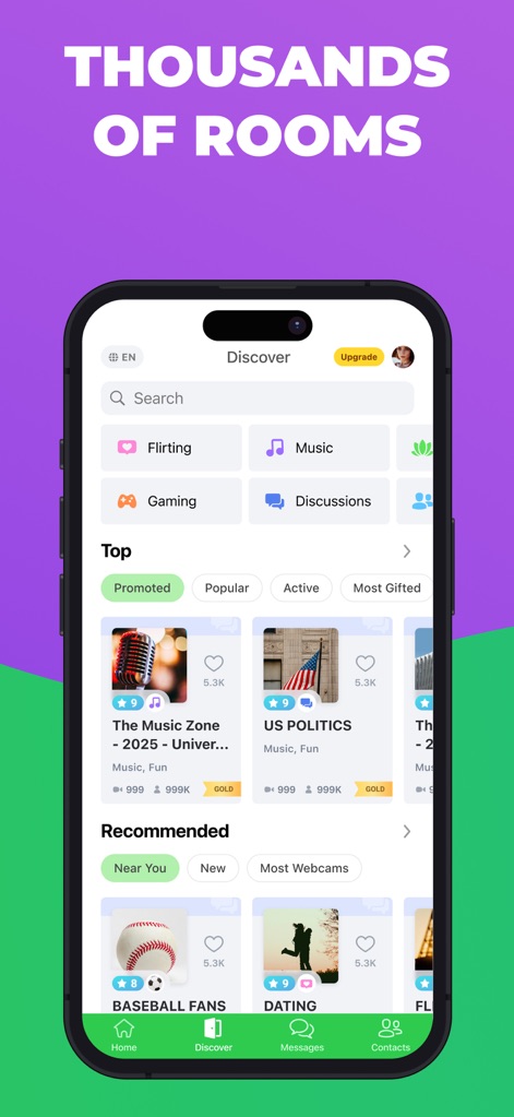 Camfrog: Live Video Chat Rooms - Users can easily navigate 'THOUSANDS OF ROOMS' through diverse categories such as 'Music' and 'Gaming,' along with visually engaging room cards.