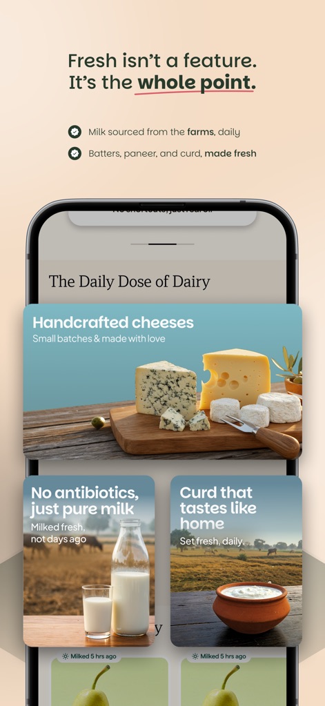 FirstClub: Quality in minutes - 本アプリは、毎日農場から調達される牛乳や手作りの乳製品の画像と、新鮮さが製品の核であることを強調するメッセージを通じて、最高品質の乳製品の提供を約束します。