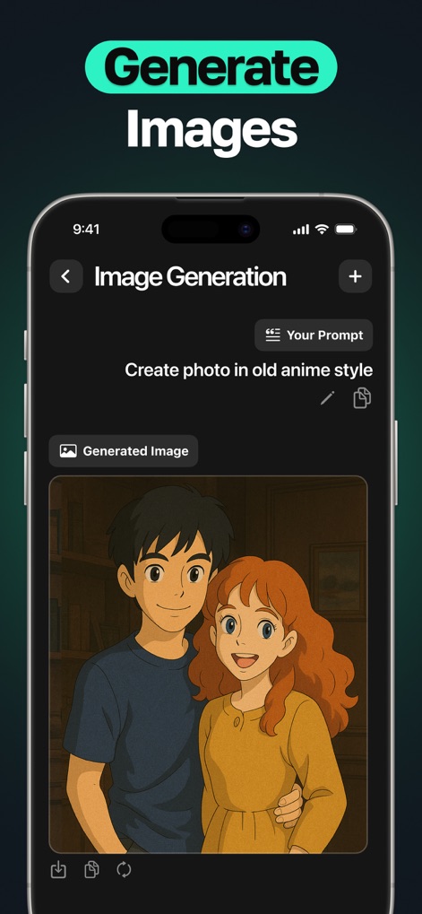 AI Chat Bot - My Assistant - ユーザーは具体的なプロンプトを入力することで、アイデアを視覚化し、アプリ内でユニークな画像を生成結果として作成できます。