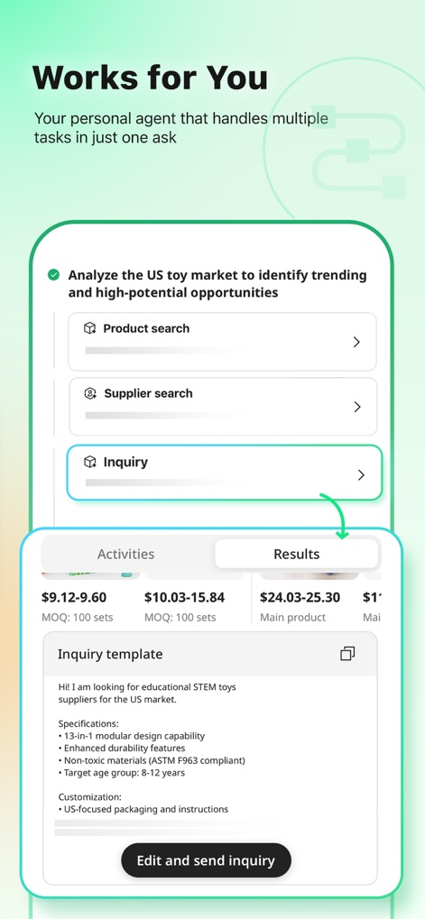 Accio: Alibaba AI Agent - The app functions as a personal agent, automating complex workflows such as 'Product search' and 'Supplier search', and providing a pre-filled 'Inquiry template' for efficiency.