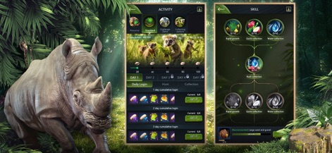 Beast Lord: The New Land - This view highlights the engaging Activity tracking for daily rewards and the comprehensive Skill tree system, showcasing options for strategic resource collection and character development.