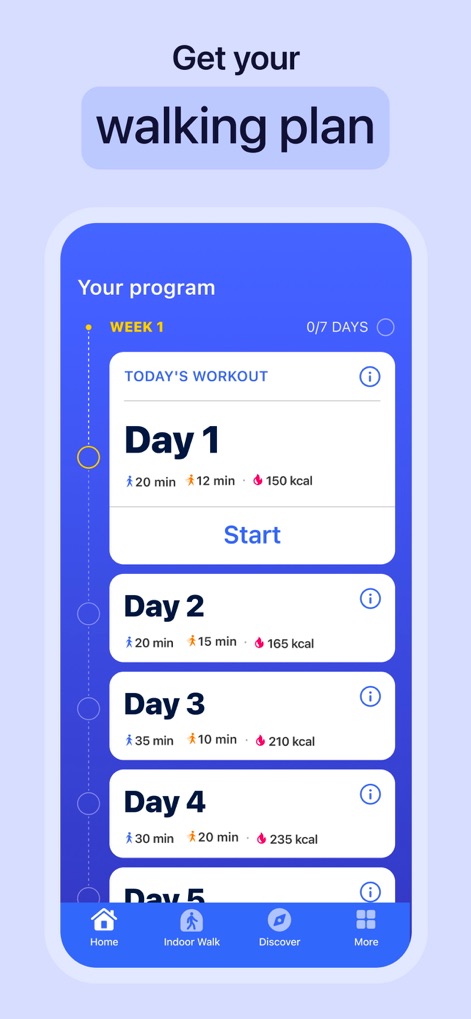 Weight Loss Walking by Slimkit - The app offers a personalized weekly training program, outlining daily workouts with estimated duration and calorie burn, to guide users consistently.