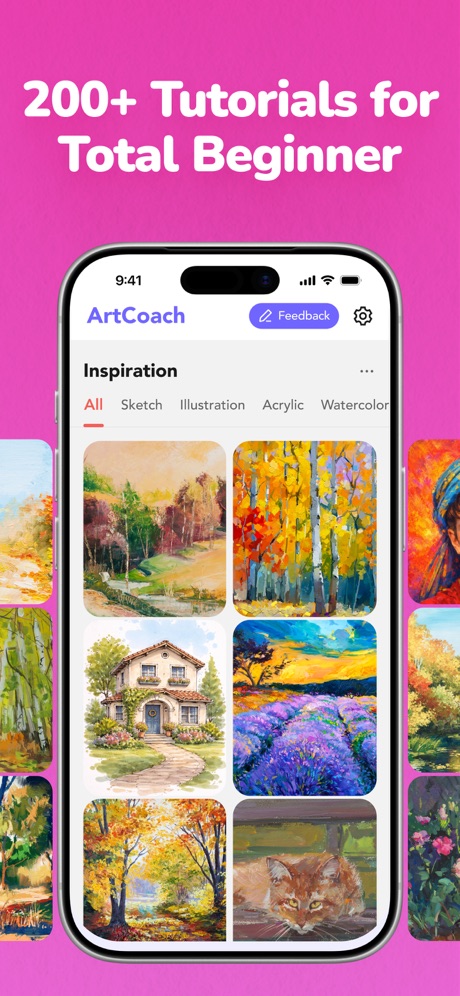 ArtCoach:Learn to Draw & Paint App Store screenshot 6, headline “200+ Tutorials for Total Beginner”. Names its audience.