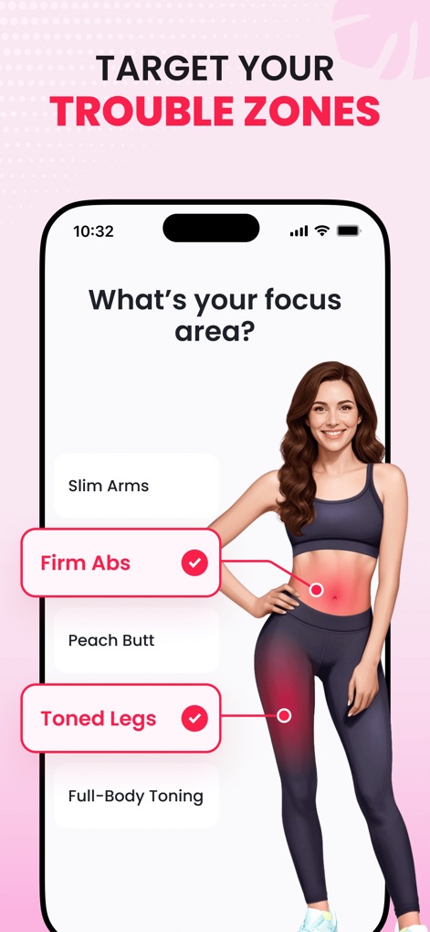 ChillFit: Home Workout Planner - Les utilisateurs peuvent personnaliser leur entraînement en sélectionnant des zones cibles comme des "Abdominaux Fermes" ou des "Jambes Tonifiées" pour des résultats précis.