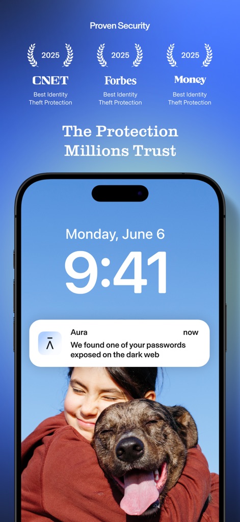 Aura: Security & Protection - Explore the app's recognition with multiple awards from leading publications and observe a critical real-time alert for a password exposed on the dark web.
