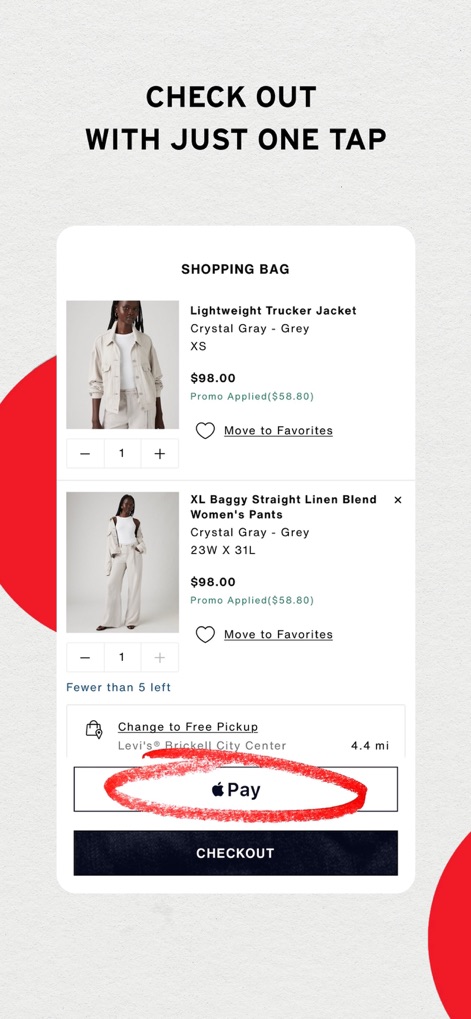 Levi's - Shop Denim & More - The app simplifies purchasing with a clear shopping bag summary and offers convenient one-tap payment solutions like Apple Pay for a swift transaction.