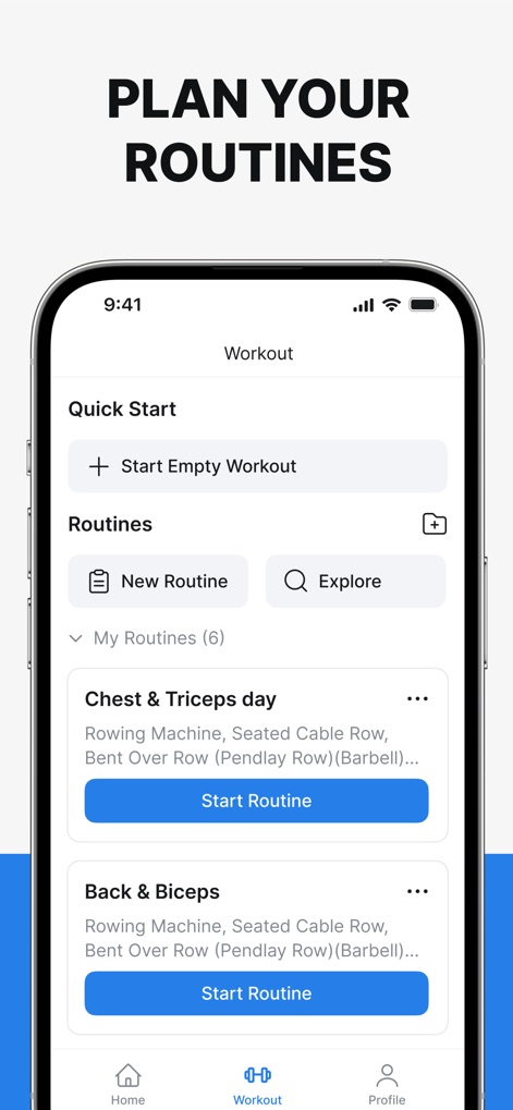 Hevy - Workout Tracker Gym Log - Examine the robust routine planning tools, offering pre-defined "My Routines" such as "Chest & Triceps day" and an option to "Explore" new workout programs.